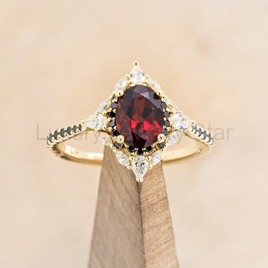 "North Star" - Oval Garnet Engagement Ring With Diamond Halo & Accents - image 3