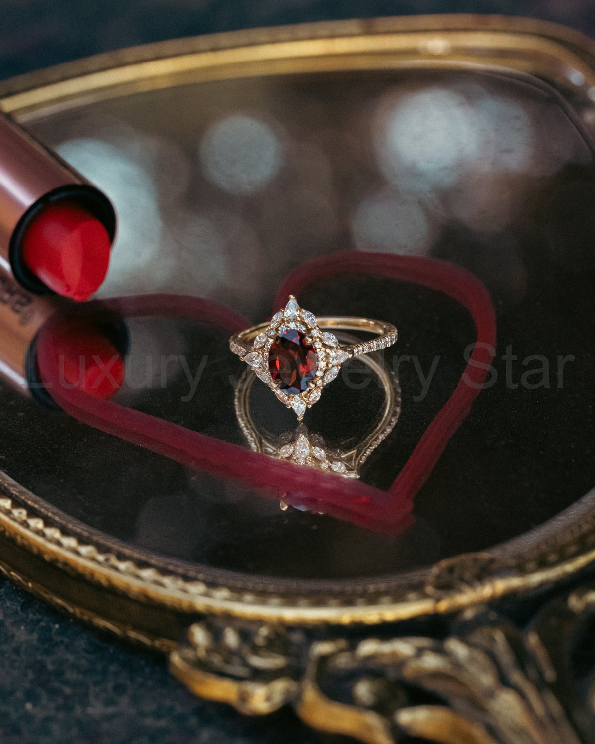 "North Star" - Oval Garnet Engagement Ring With Diamond Halo & Accents - image 30