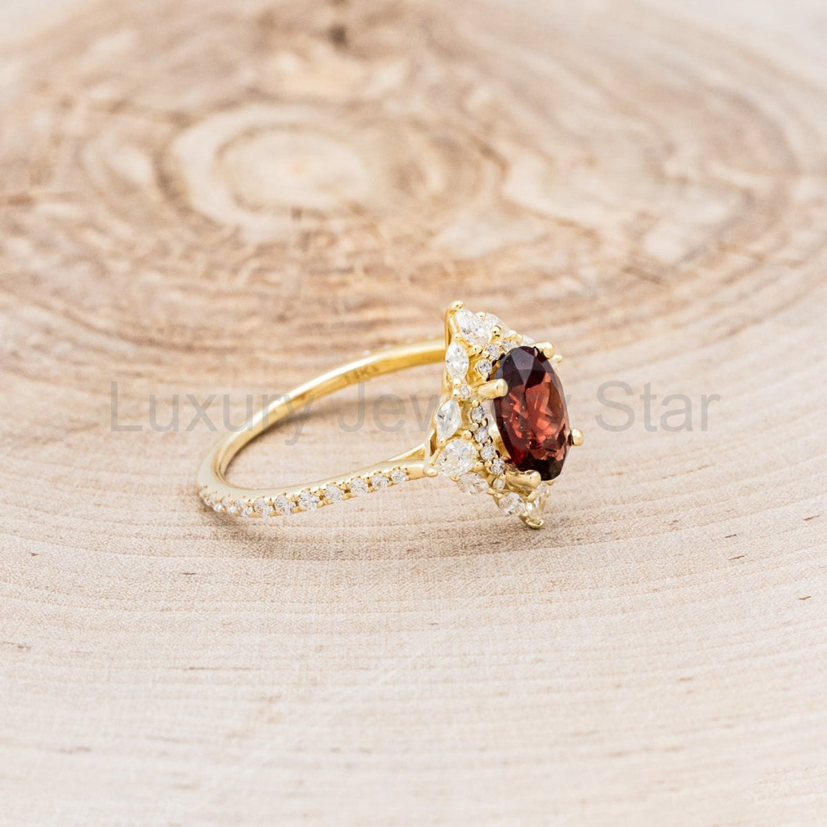 "North Star" - Oval Garnet Engagement Ring With Diamond Halo & Accents - image 6