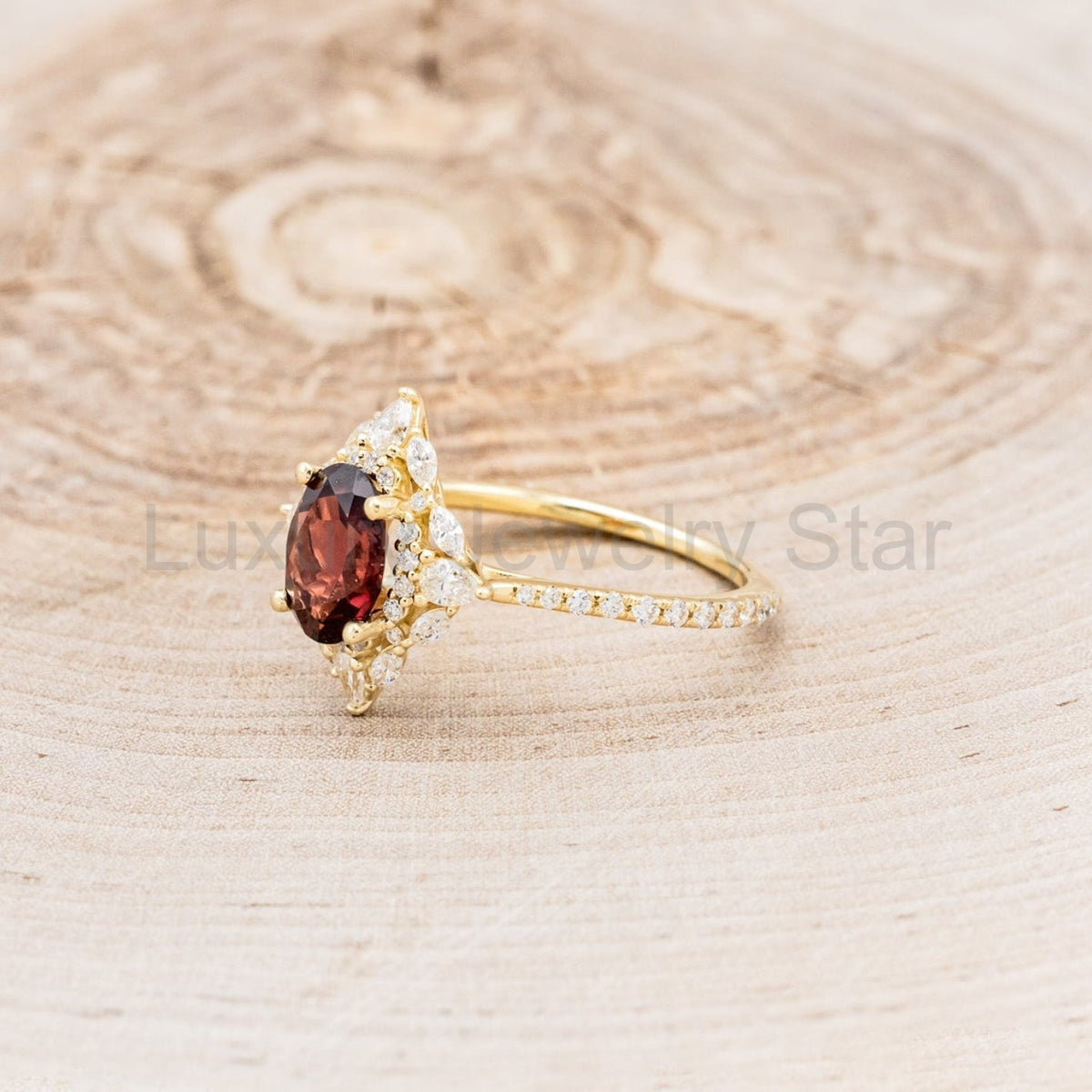 "North Star" - Oval Garnet Engagement Ring With Diamond Halo & Accents - image 8