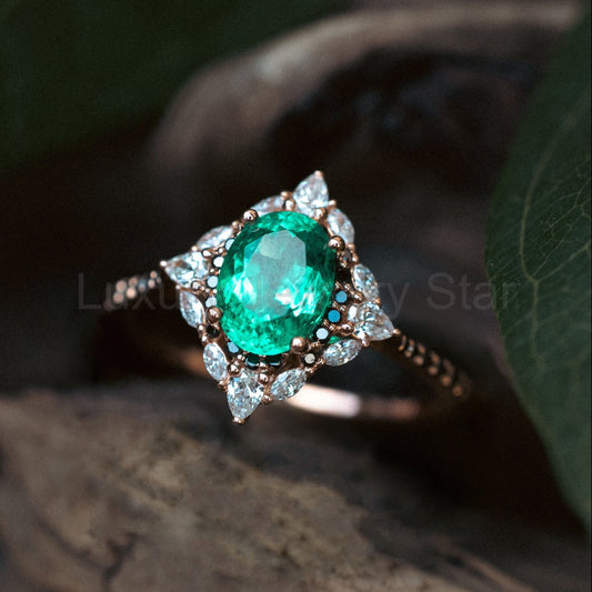 "North Star" - Oval Lab-Grown Emerald Engagement Ring With Diamond Halo & Diamond Accents