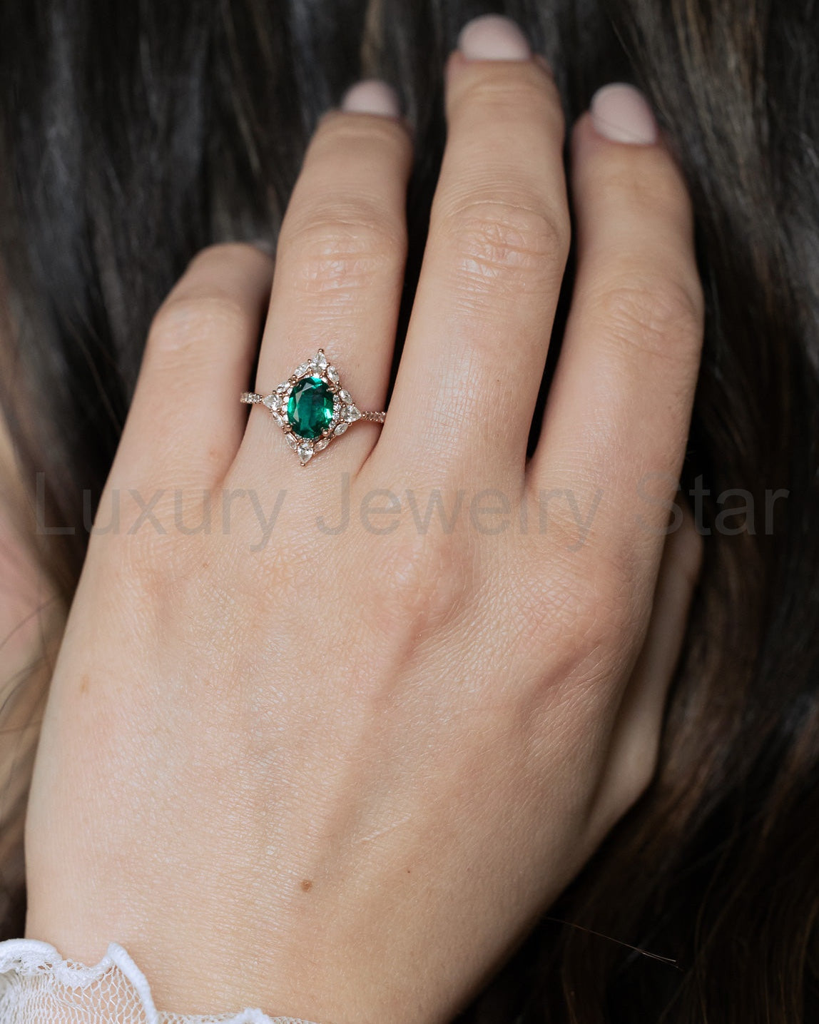 "North Star" - Oval Lab-Grown Emerald Engagement Ring With Diamond Halo & Diamond Accents - image 2