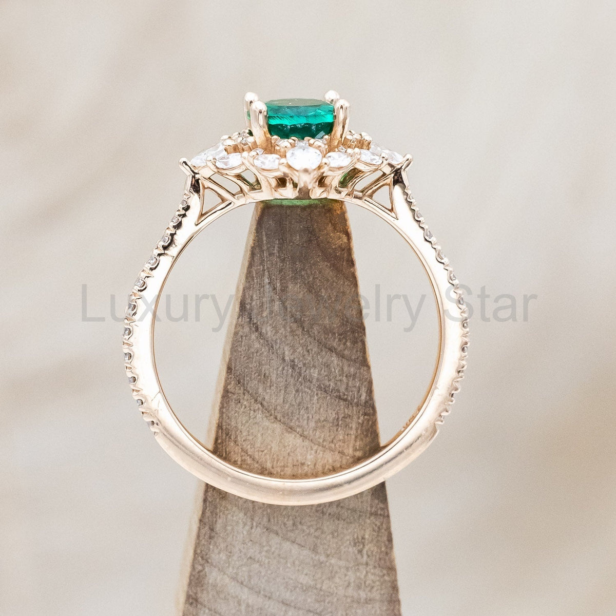 "North Star" - Oval Lab-Grown Emerald Engagement Ring With Diamond Halo & Diamond Accents - image 9