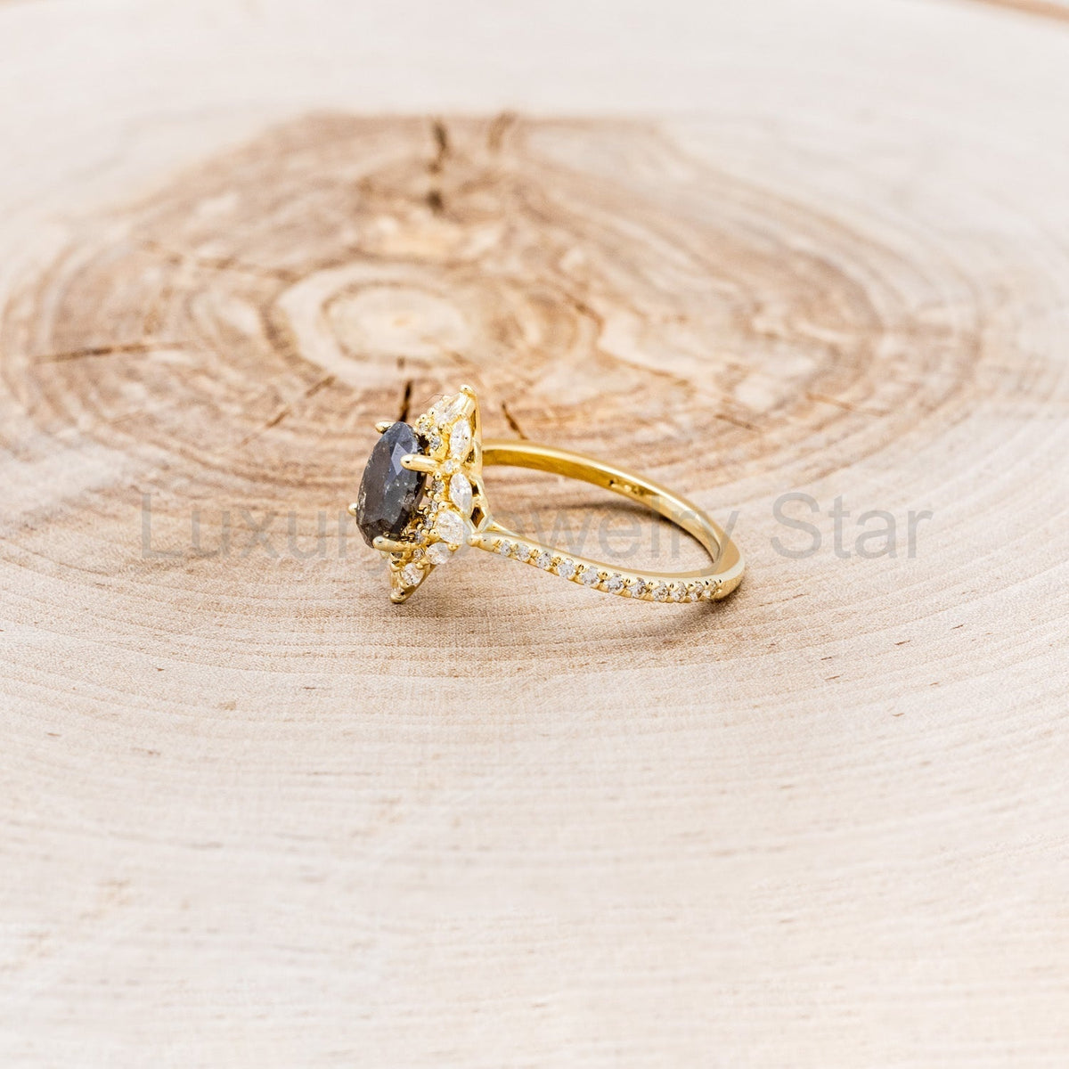 "North Star" - Oval Salt & Pepper Diamond Engagement Ring With Diamond Halo & Accents - image 12