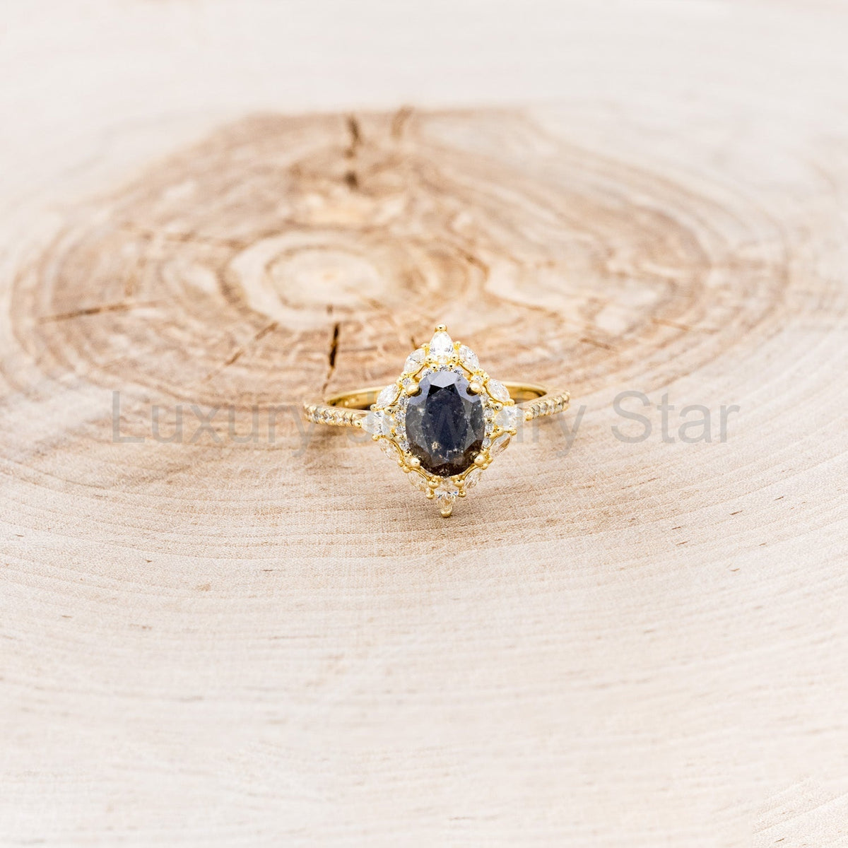 "North Star" - Oval Salt & Pepper Diamond Engagement Ring With Diamond Halo & Accents - image 13