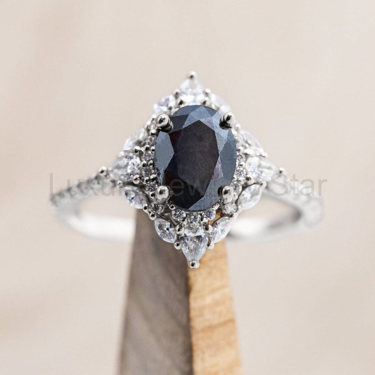 "North Star" - Oval Salt & Pepper Diamond Engagement Ring With Diamond Halo & Accents - image 16