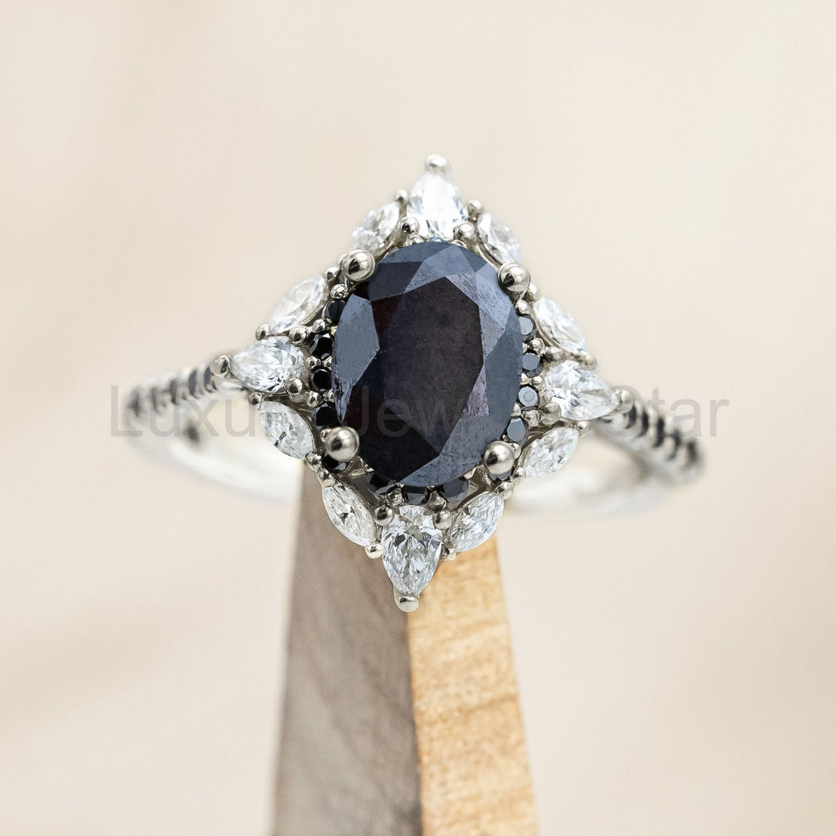 "North Star" - Oval Salt & Pepper Diamond Engagement Ring With Diamond Halo & Accents - image 17