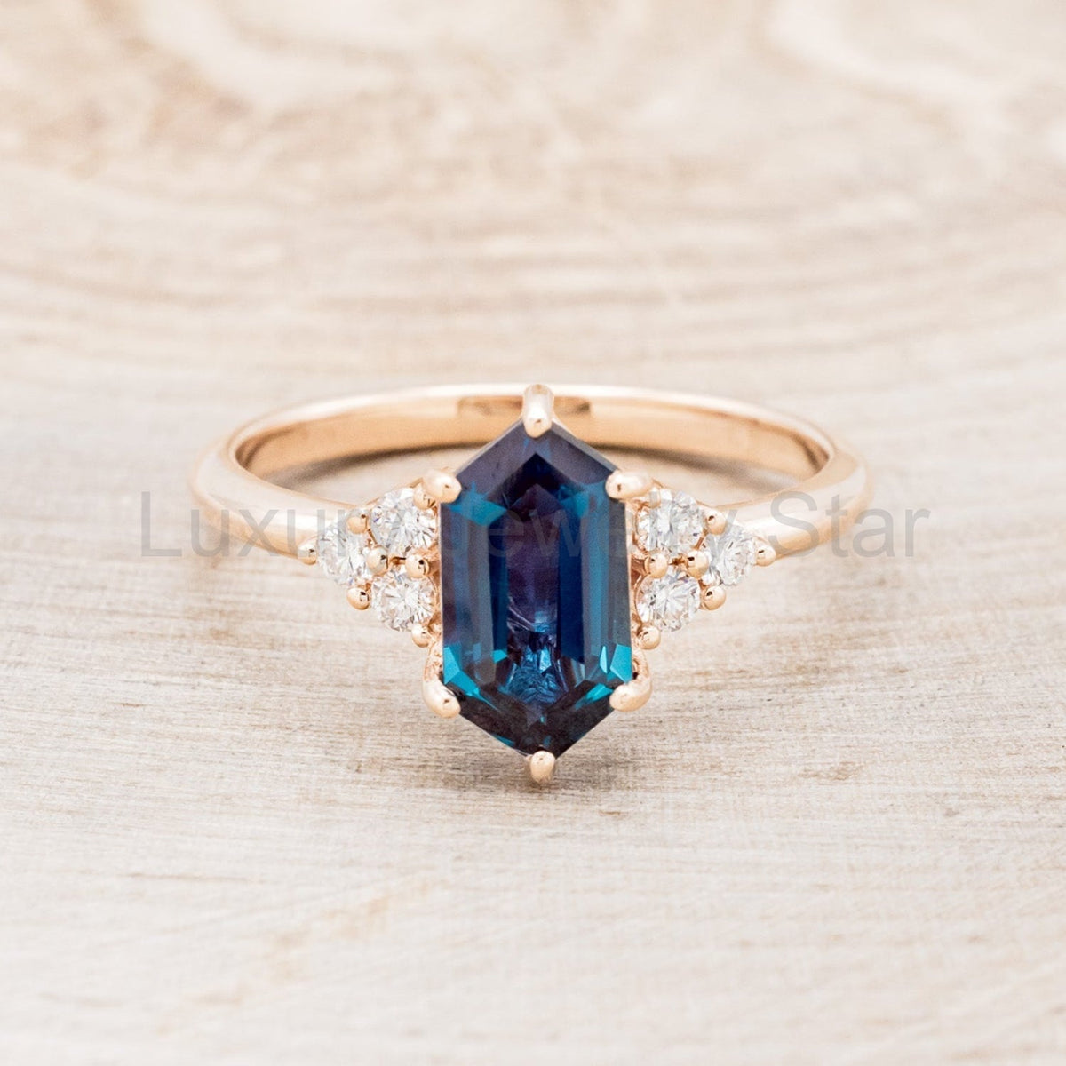 "Octavia" - Elongated Hexagon Cut Lab-Grown Alexandrite Engagement Ring With Diamond - image 4