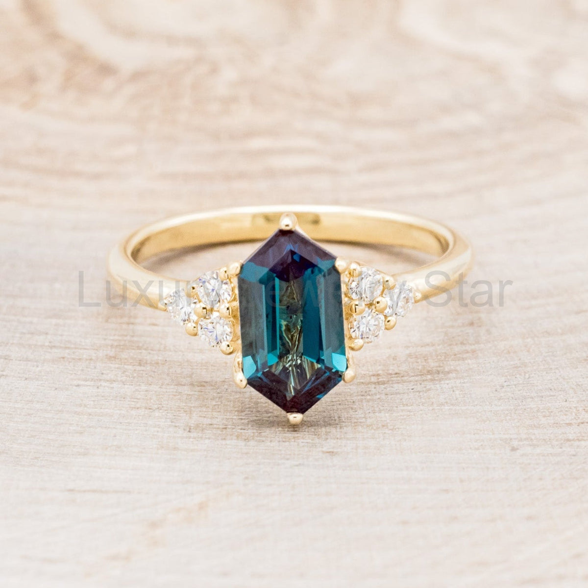 "Octavia" - Elongated Hexagon Cut Lab-Grown Alexandrite Engagement Ring With Diamond - image 9