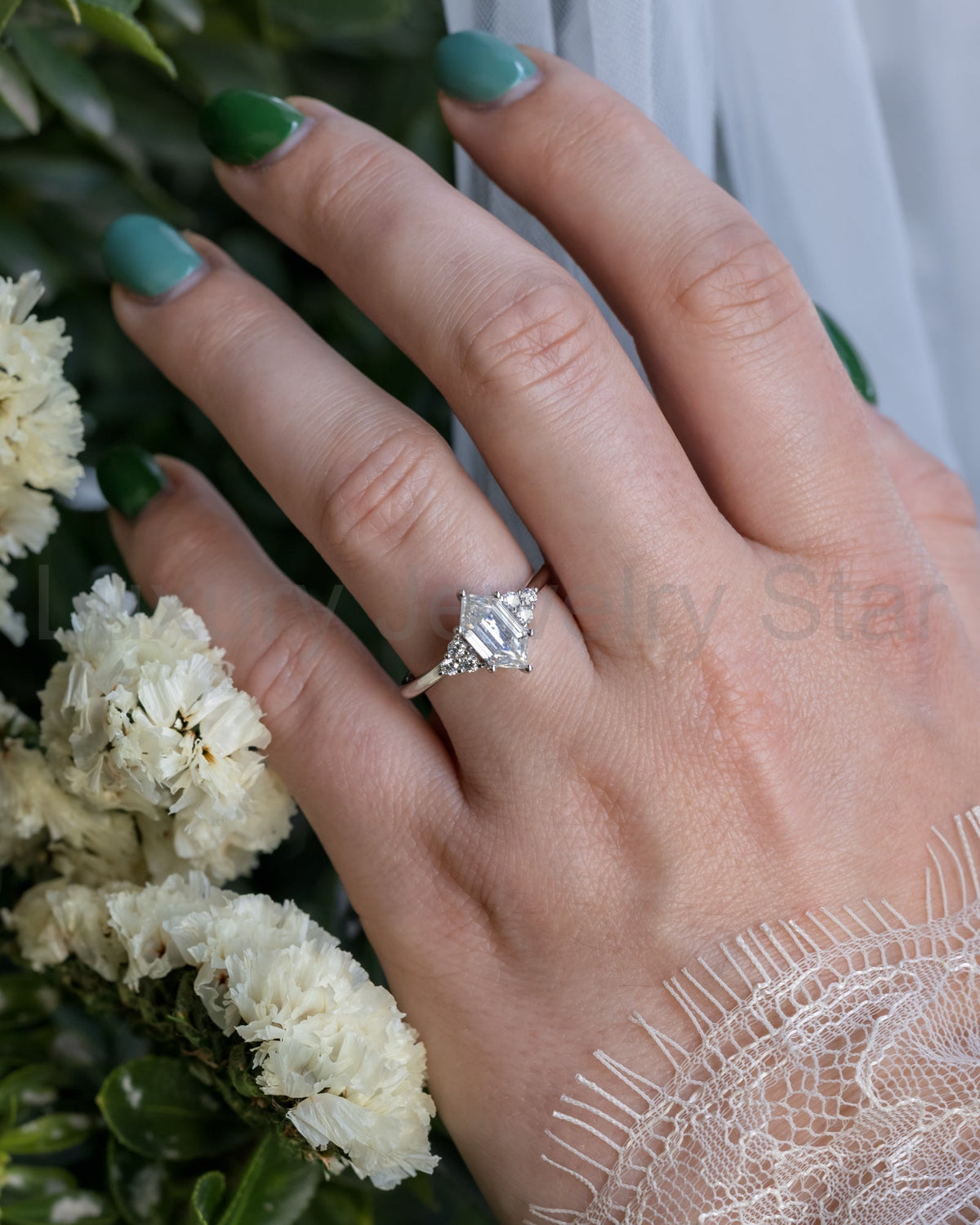 "Octavia" - Elongated Hexagon Cut Moissanite Engagement Ring With Diamond Accents - image 2