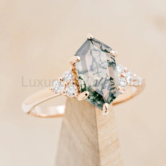 "Octavia" - Elongated Hexagon Cut Moss Agate Engagement Ring With Diamond Accents - 14K - image 2