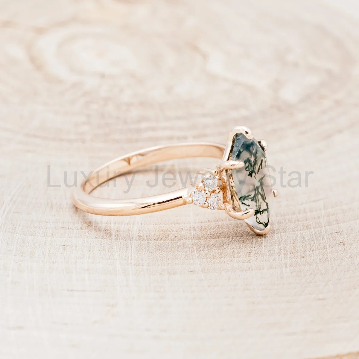 "Octavia" - Elongated Hexagon Cut Moss Agate Engagement Ring With Diamond Accents - 14K - image 3