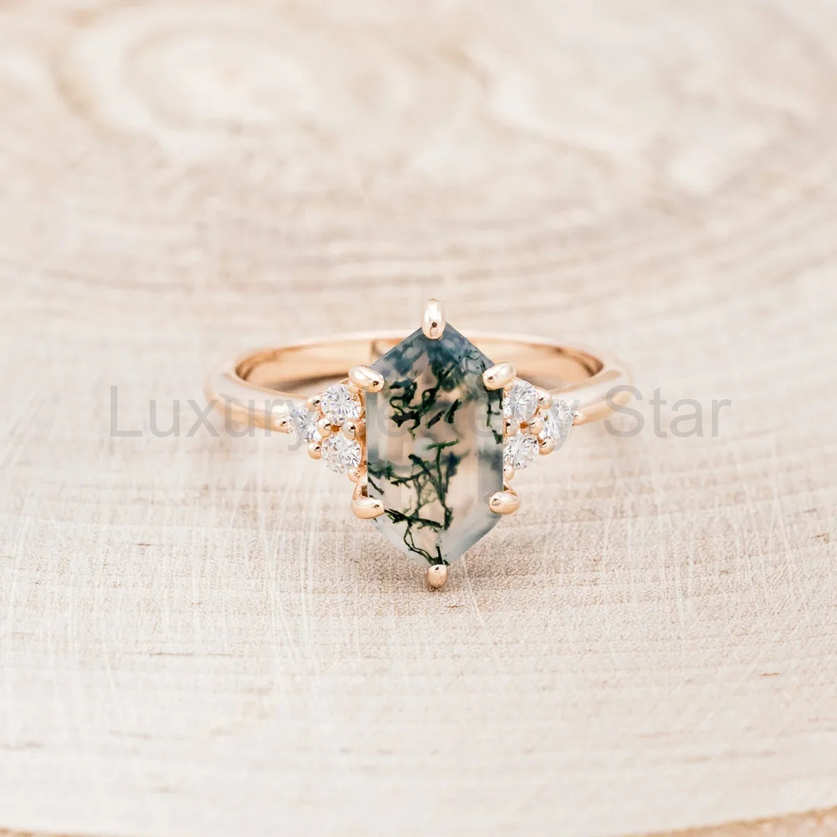 "Octavia" - Elongated Hexagon Cut Moss Agate Engagement Ring With Diamond Accents - 14K - image 4