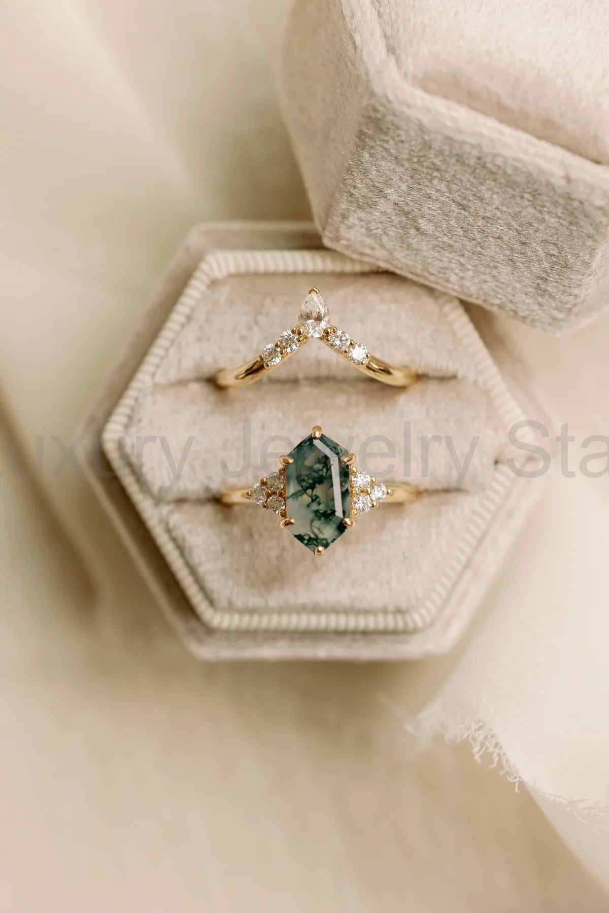 "Octavia" - Elongated Hexagon Cut Moss Agate Engagement Ring With Diamond Accents - 14K - image 5