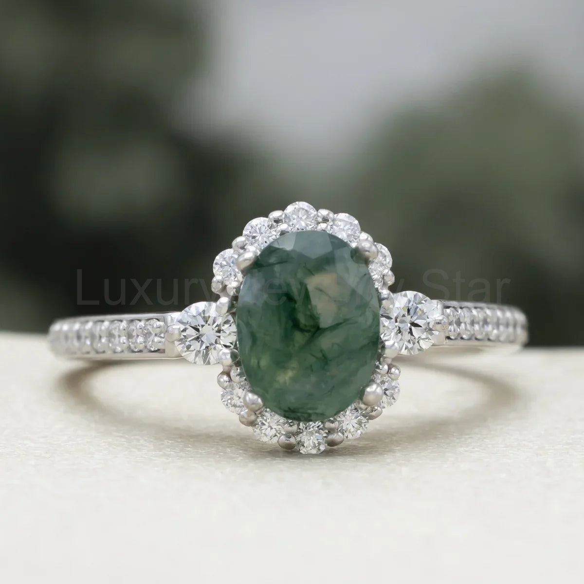 "Ophelia" - Oval Cut Moss Agate Engagement Ring With Diamond Halo & Accents - 14K White Gold - Size