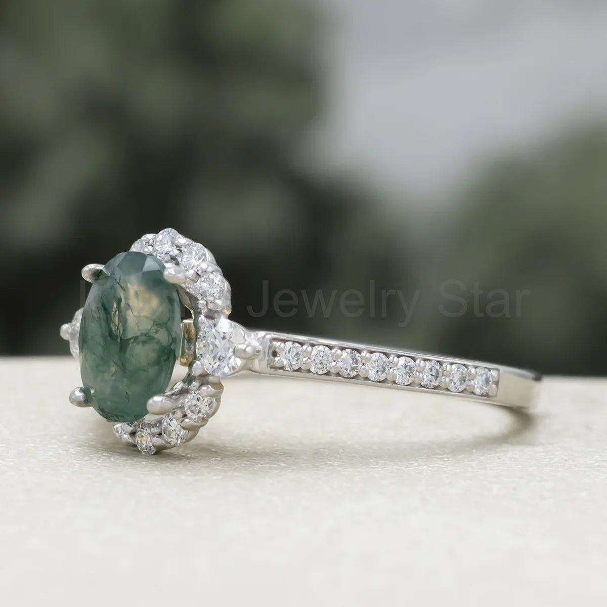 "Ophelia" - Oval Cut Moss Agate Engagement Ring With Diamond Halo & Accents - 14K White - image 2