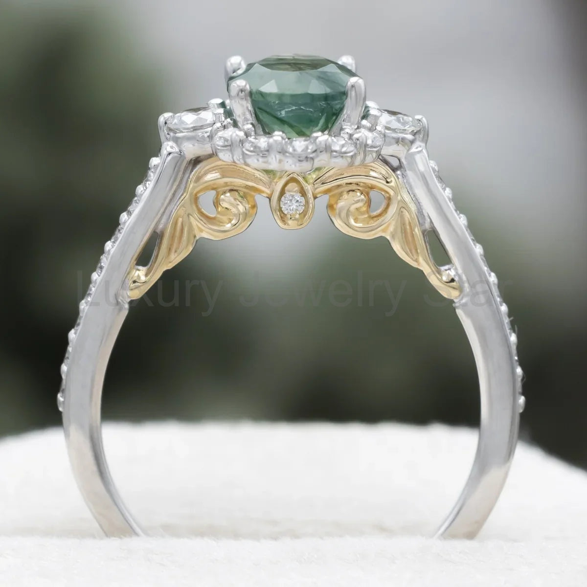 "Ophelia" - Oval Cut Moss Agate Engagement Ring With Diamond Halo & Accents - 14K White - image 3