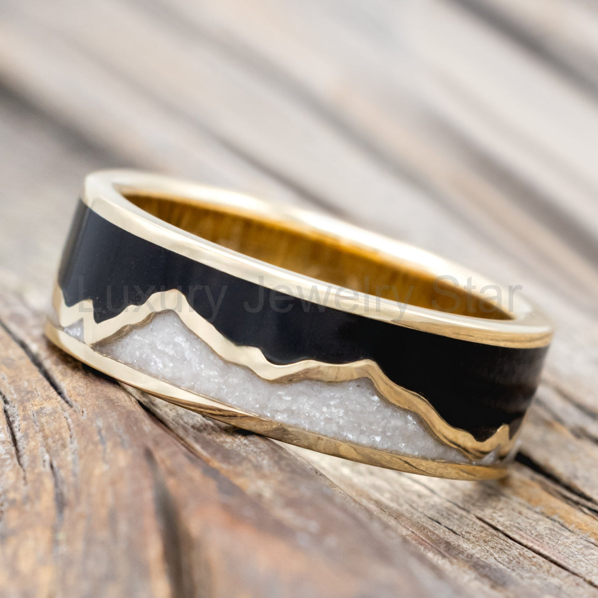 "Peak" - Jet Stone & Diamond Dust Inlay With Mountain Range Wedding Band