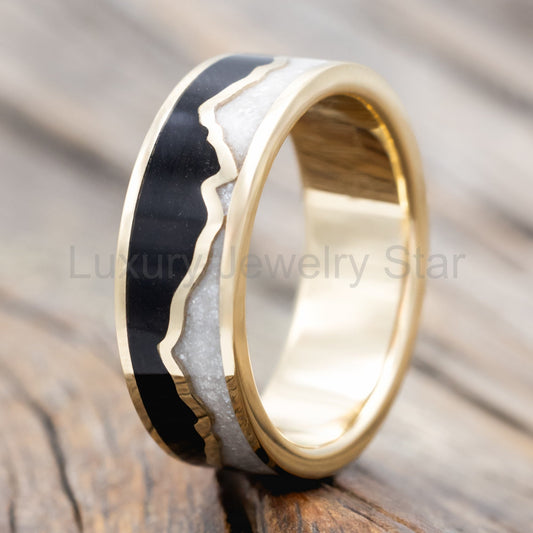 "Peak" - Jet Stone & Diamond Dust Inlay With Mountain Range Wedding Band - image 2