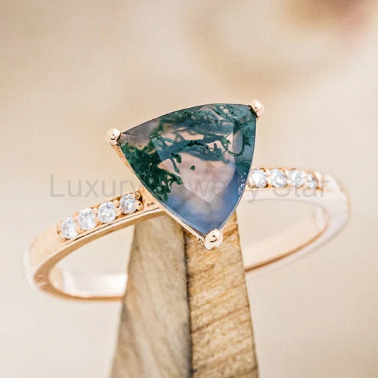 "Piper" - Trillion Cut Moss Agate Engagement Ring With Diamond Accents - 14K Rose Gold - Size 6