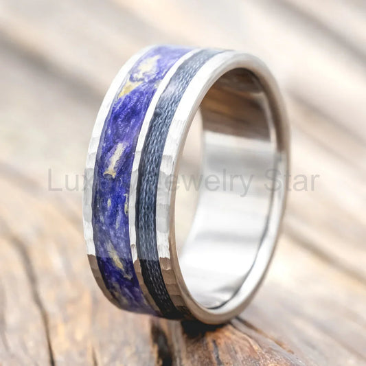 "Raptor" - Bluebell Petals & Grey Fishing Line Inlay Wedding Ring Featuring a Hammered Finish