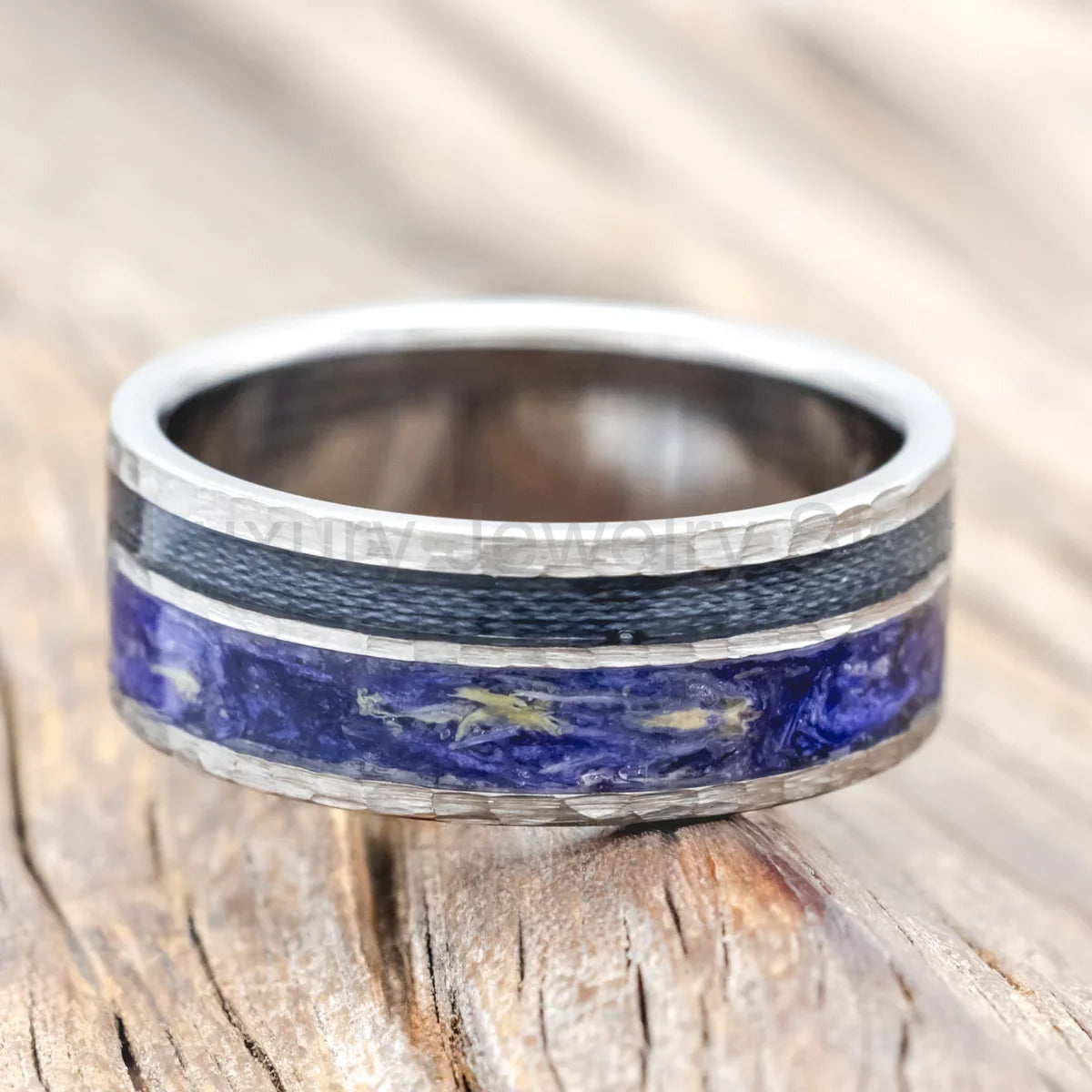 "Raptor" - Bluebell Petals & Grey Fishing Line Inlay Wedding Ring Featuring a Hammered - image 3