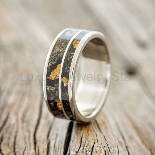 "Raptor" - Buckeye Burl Wood With Gold Nugget Inlays Wedding Ring - Titanium (8mm) - Size 9