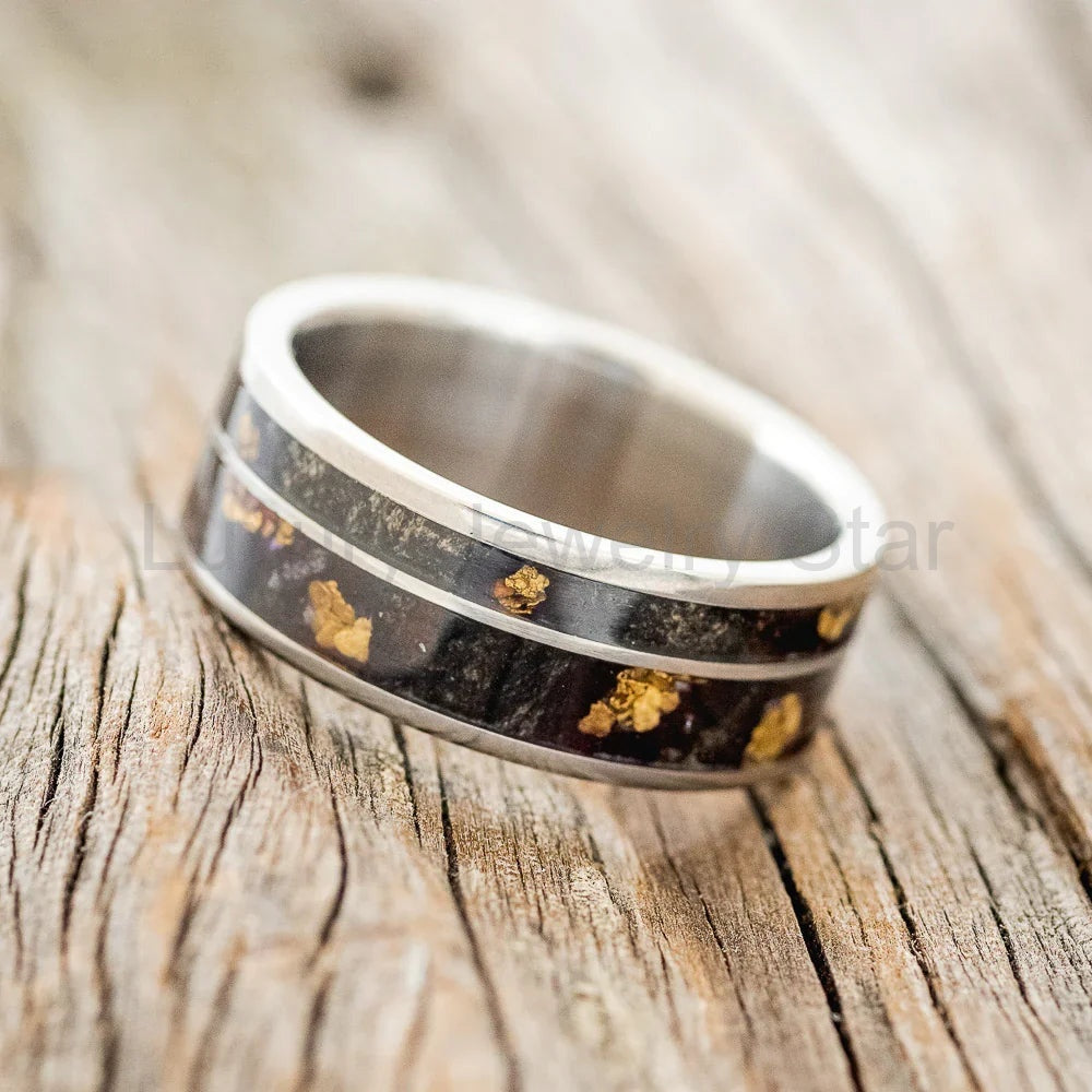 "Raptor" - Buckeye Burl Wood With Gold Nugget Inlays Wedding Ring - Titanium (8mm) - Size - image 2