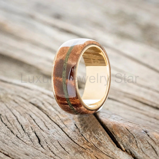 "Remmy" - Redwood & Moss Wedding Ring - 14K Yellow Gold - Size 8 3/4