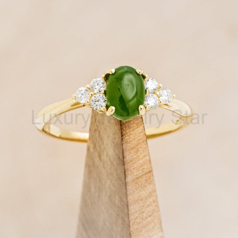 "Rhea" - Cabochon Cut Jade Engagement Ring With Diamond Accents