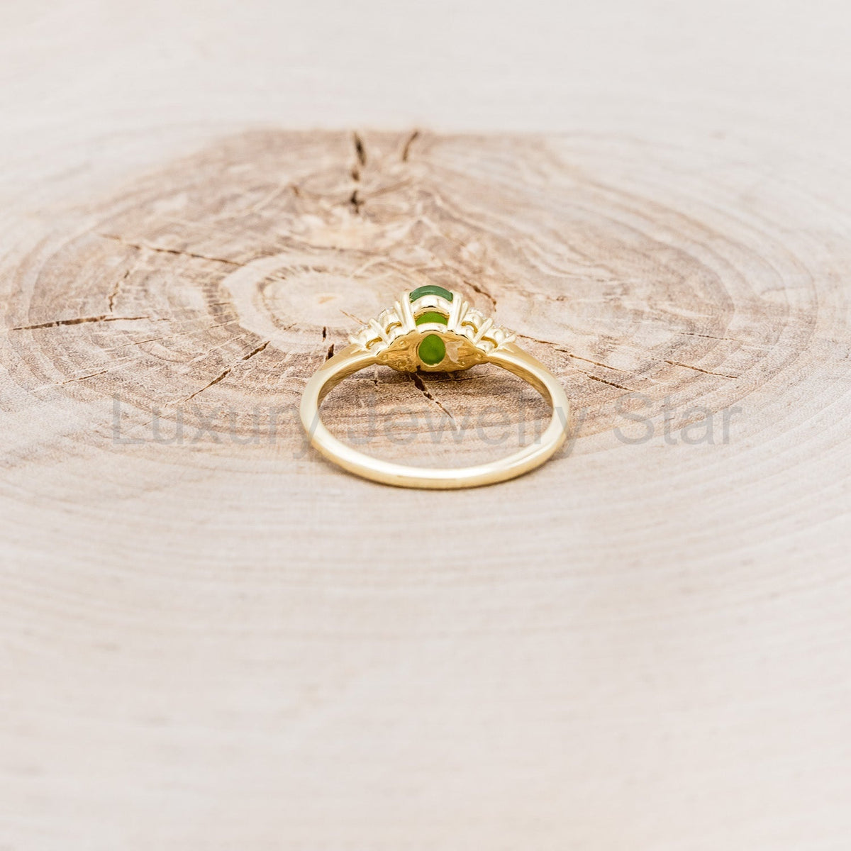 "Rhea" - Cabochon Cut Jade Engagement Ring With Diamond Accents - image 5