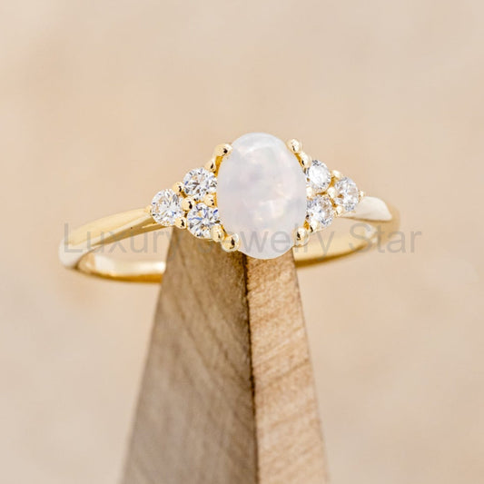 "Rhea" - Oval Cabochon Cut White Opal Engagement Ring With Diamond Accents