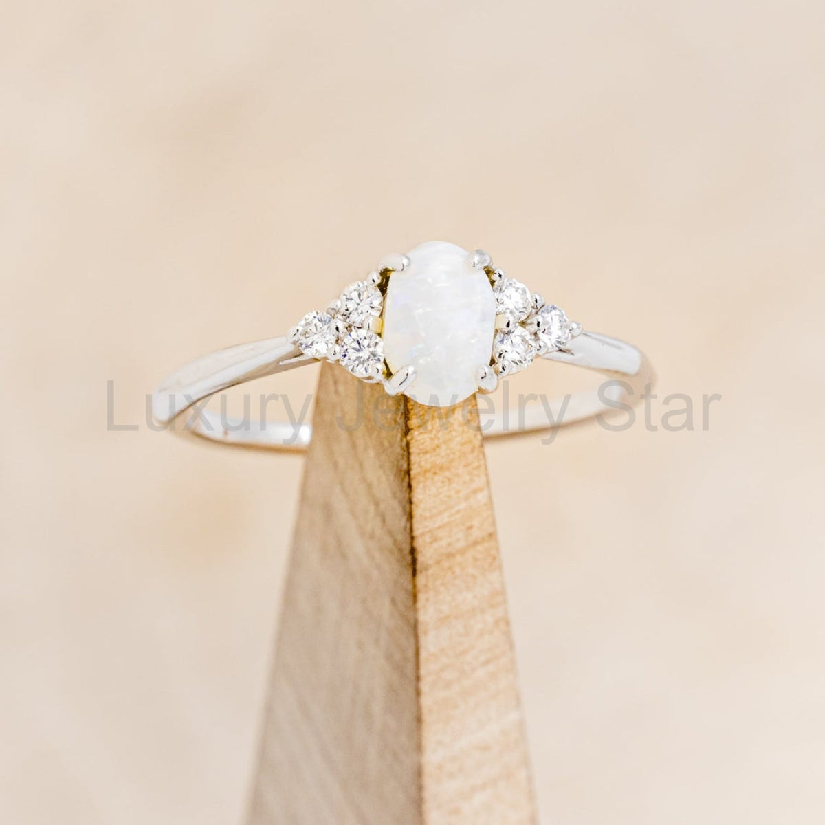 "Rhea" - Oval Cabochon Cut White Opal Engagement Ring With Diamond Accents - image 10