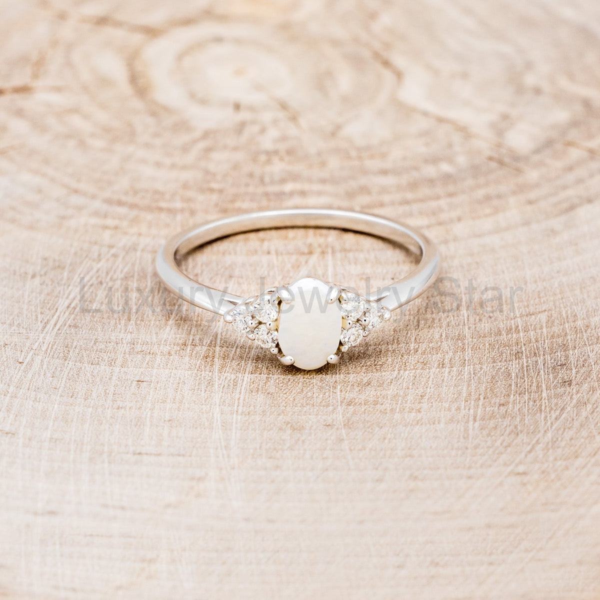 "Rhea" - Oval Cabochon Cut White Opal Engagement Ring With Diamond Accents - image 11