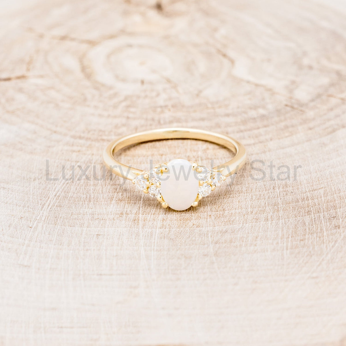 "Rhea" - Oval Cabochon Cut White Opal Engagement Ring With Diamond Accents - image 3