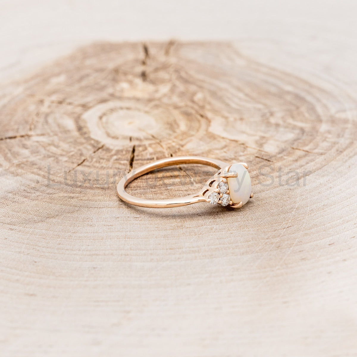 "Rhea" - Oval Cabochon Cut White Opal Engagement Ring With Diamond Accents - image 5