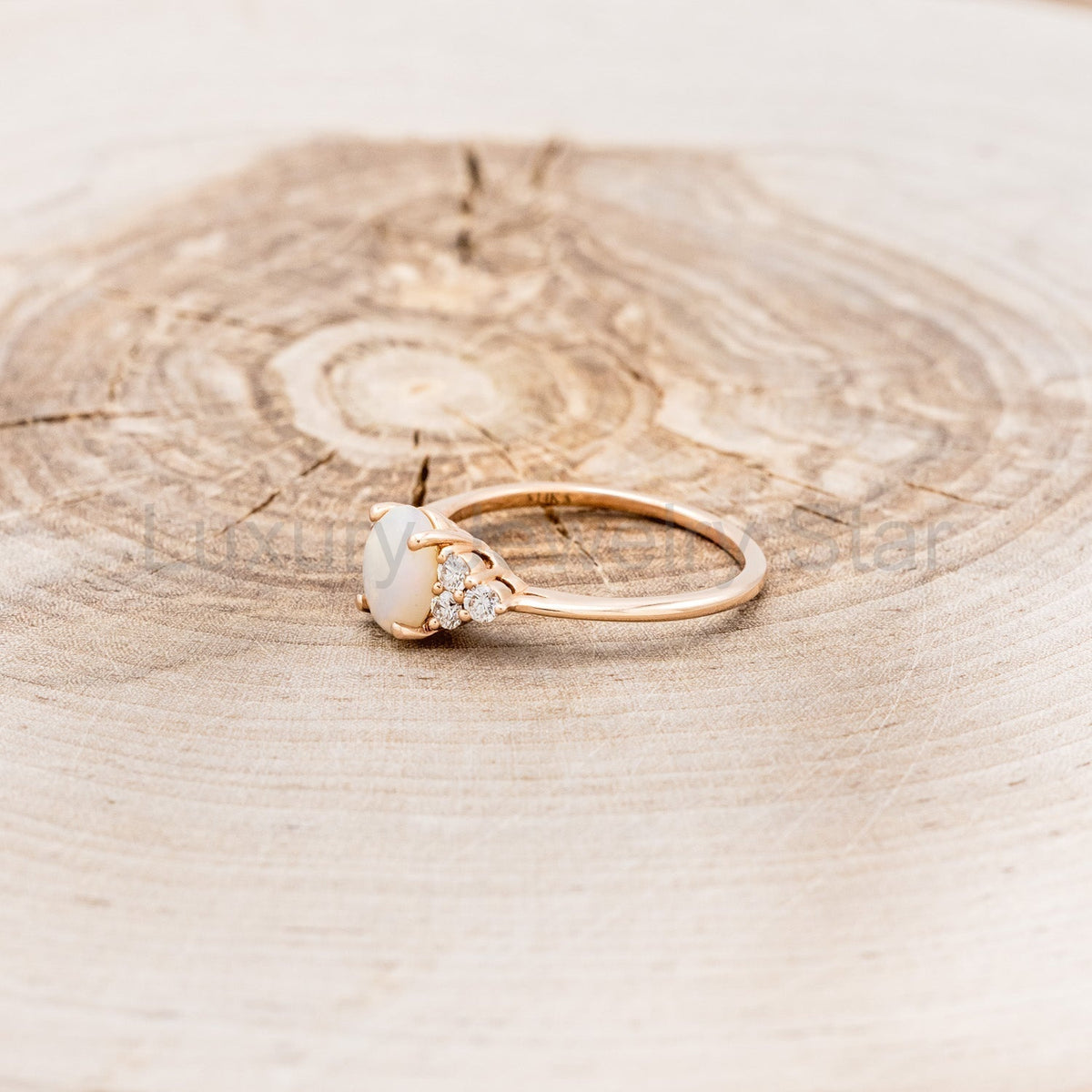 "Rhea" - Oval Cabochon Cut White Opal Engagement Ring With Diamond Accents - image 6
