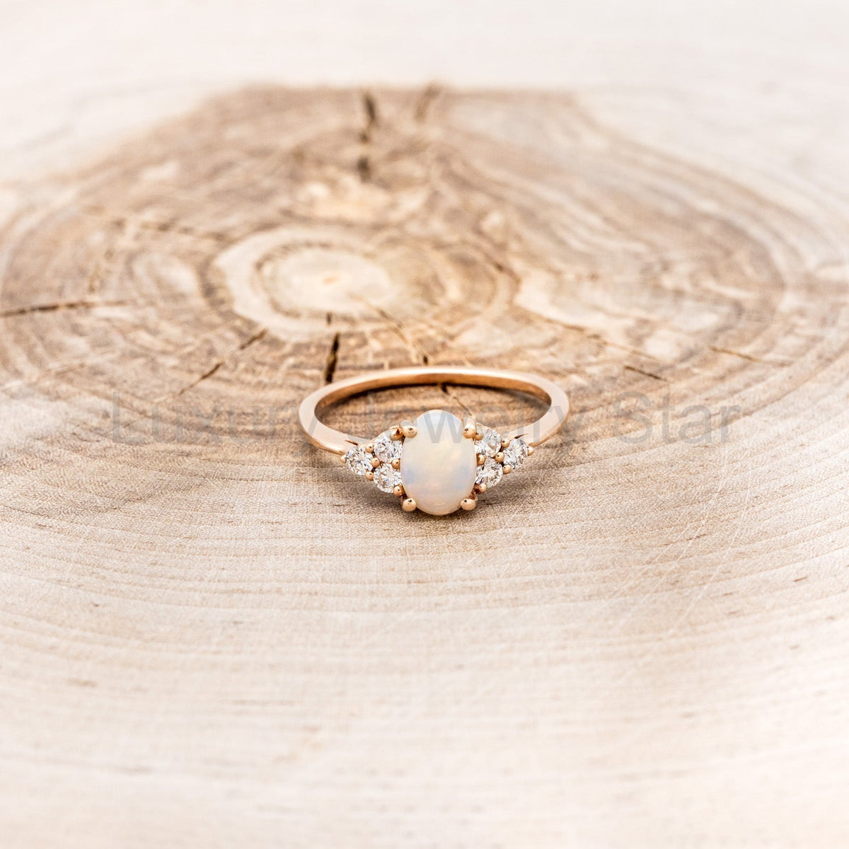 "Rhea" - Oval Cabochon Cut White Opal Engagement Ring With Diamond Accents - image 7