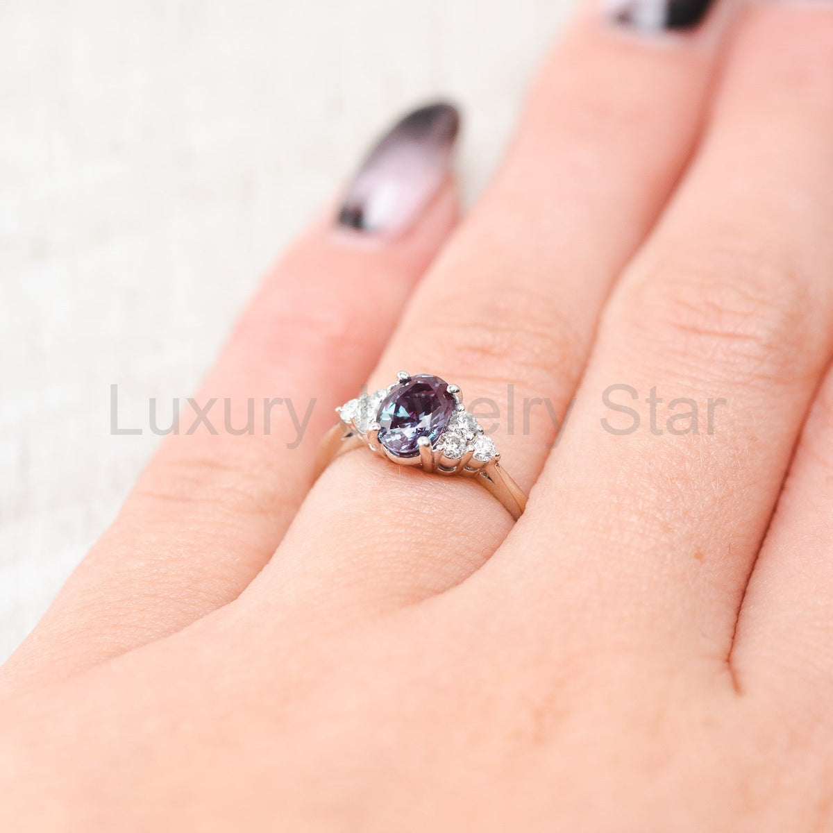 "Rhea" - Oval Cut Lab-Grown Alexandrite Engagement Ring With Diamond Accents - image 11