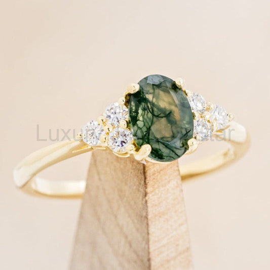 "Rhea" - Oval Cut Moss Agate Engagement Ring With Diamond Accents