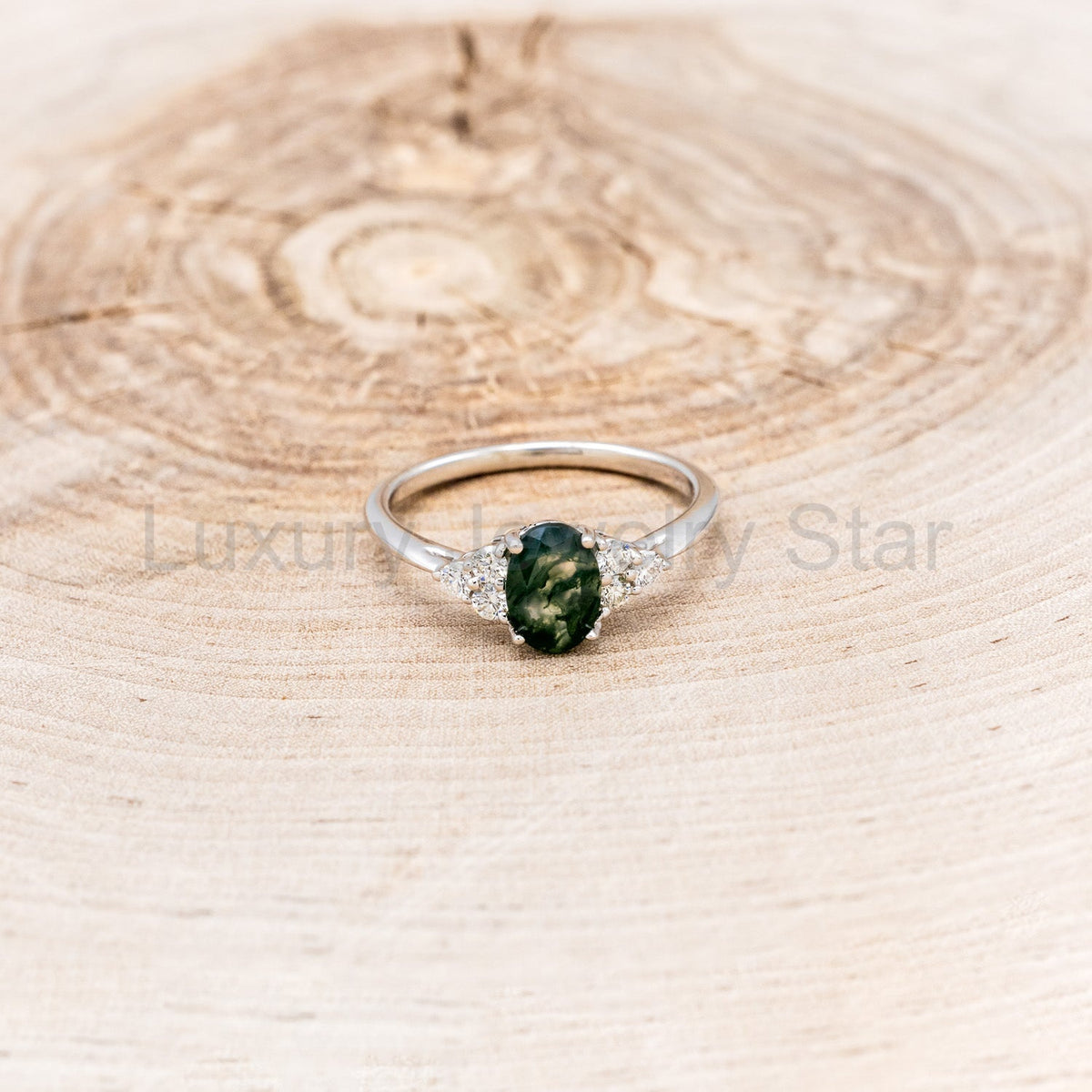 "Rhea" - Oval Cut Moss Agate Engagement Ring With Diamond Accents - image 11