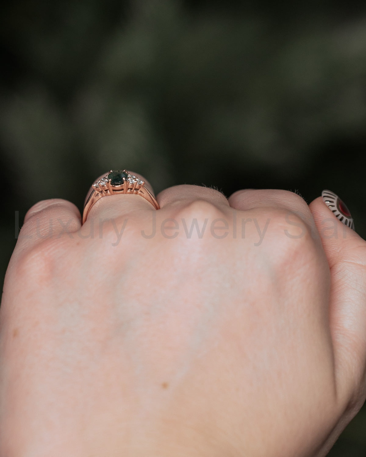 "Rhea" - Oval Cut Moss Agate Engagement Ring With Diamond Accents - image 12