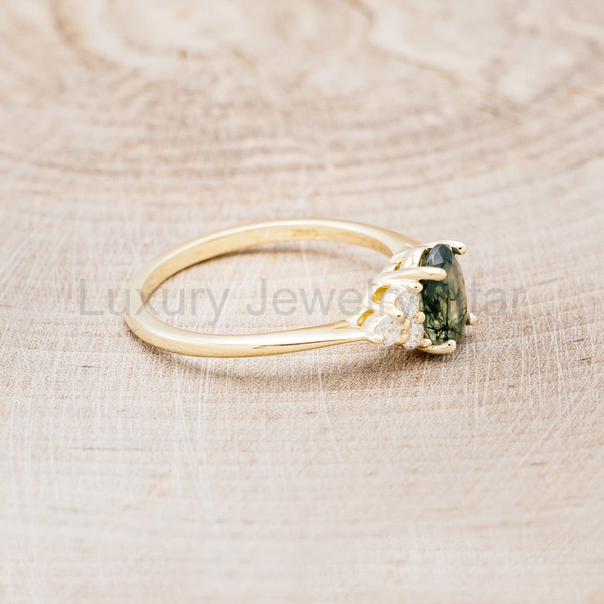 "Rhea" - Oval Cut Moss Agate Engagement Ring With Diamond Accents - image 3
