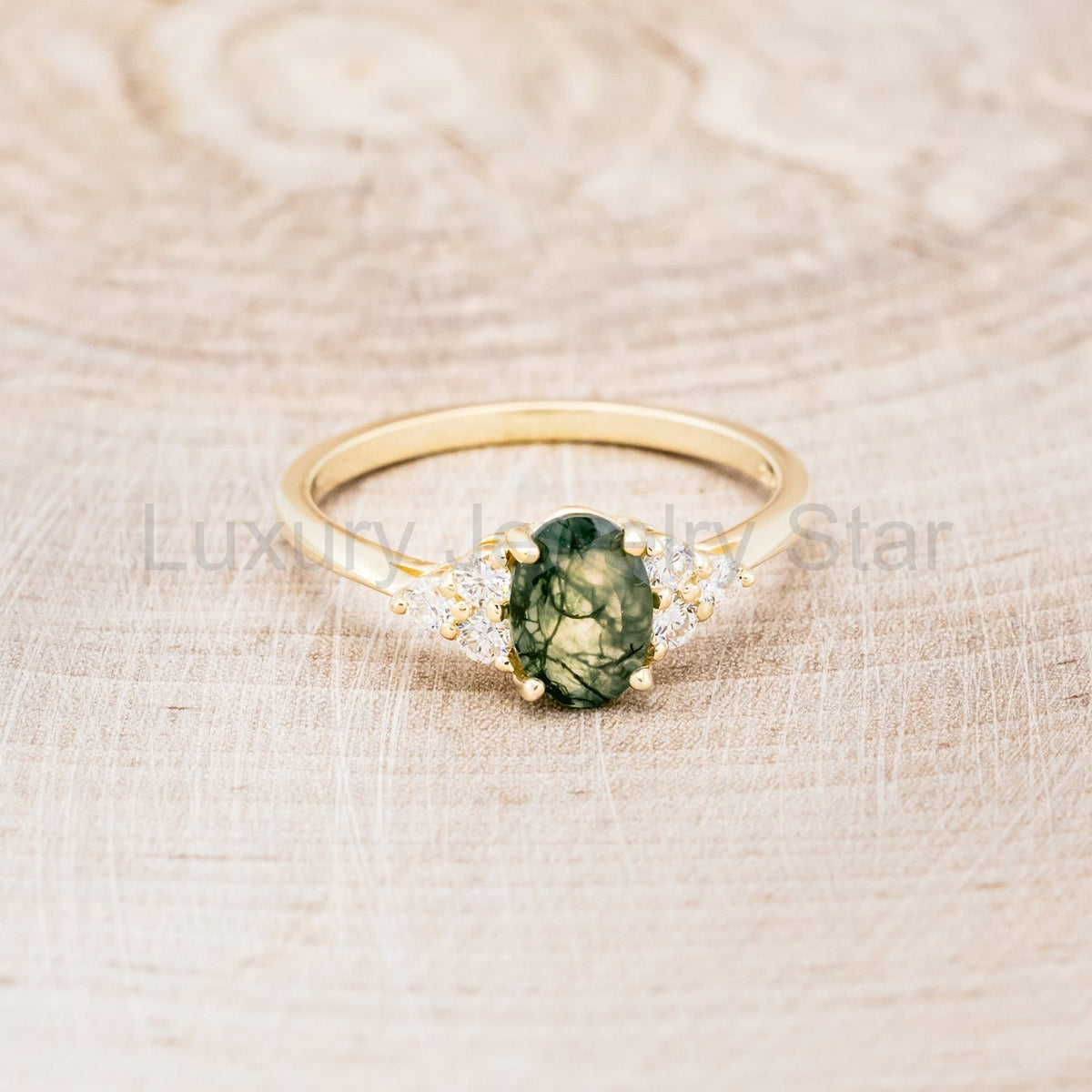 "Rhea" - Oval Cut Moss Agate Engagement Ring With Diamond Accents - image 5