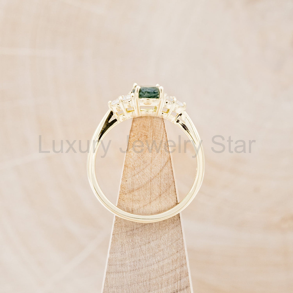 "Rhea" - Oval Cut Moss Agate Engagement Ring With Diamond Accents - image 7