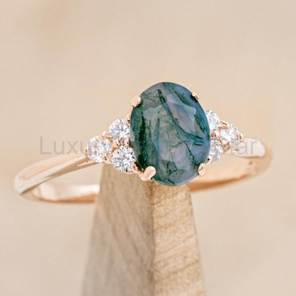 "Rhea" - Oval Cut Moss Agate Engagement Ring With Diamond Accents - image 8