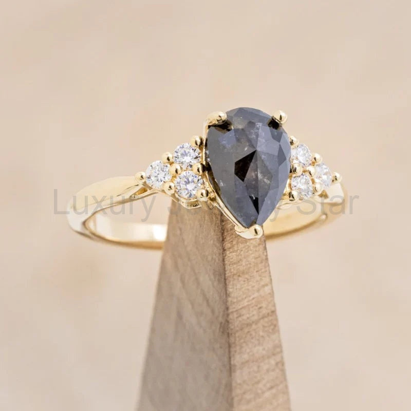 "Rhea" - Pear Rosecut Salt & Pepper Diamond Engagement Ring With Diamond Accents - 14K Yellow Gold