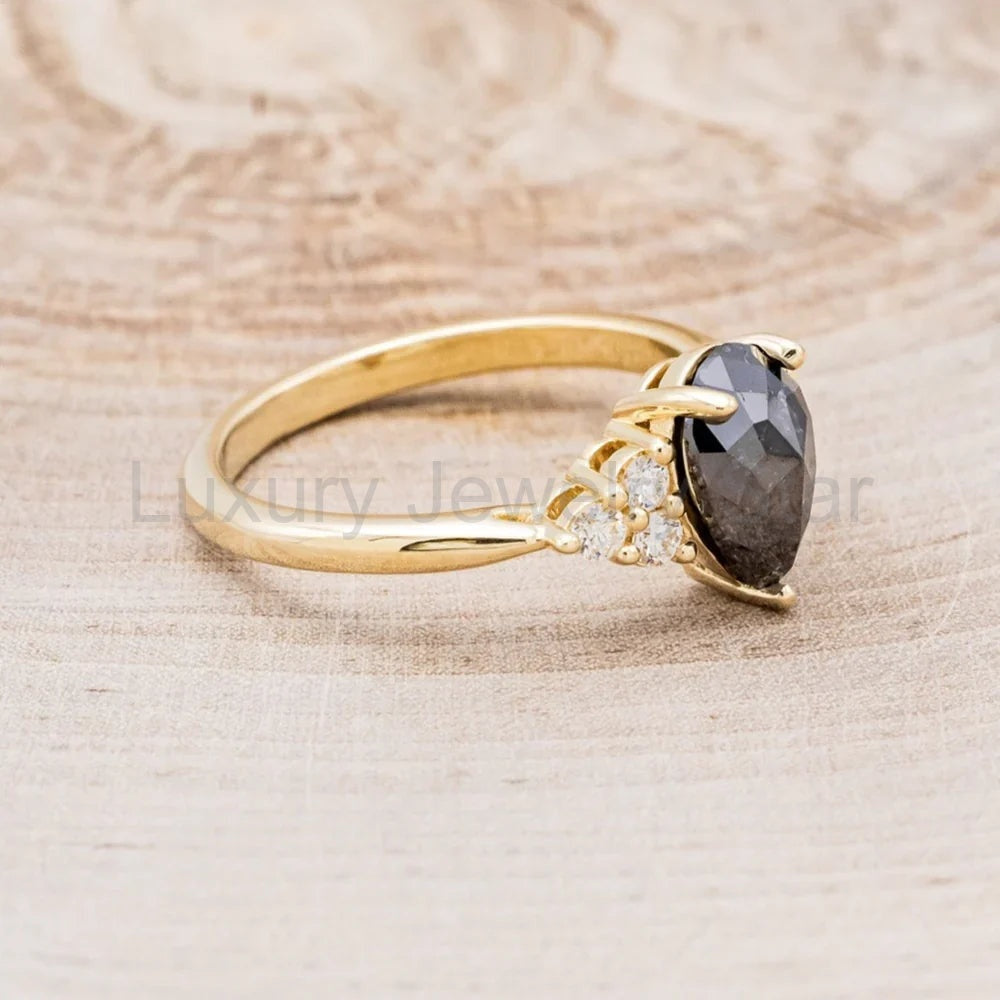 "Rhea" - Pear Rosecut Salt & Pepper Diamond Engagement Ring With Diamond Accents - 14K - image 2