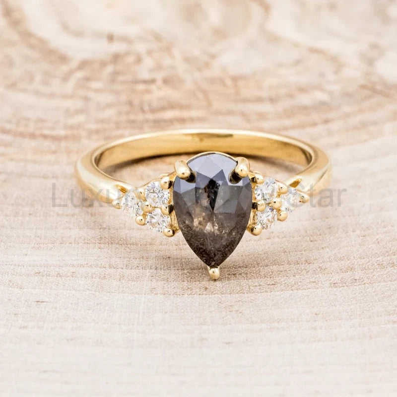 "Rhea" - Pear Rosecut Salt & Pepper Diamond Engagement Ring With Diamond Accents - 14K - image 4