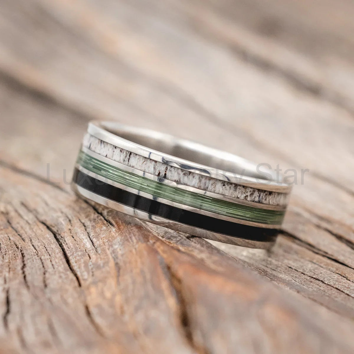 "Rio" - Antler, Green Mono Fishing Line, And Whiskey Barrel Oak Wedding Band - Titanium - image 2